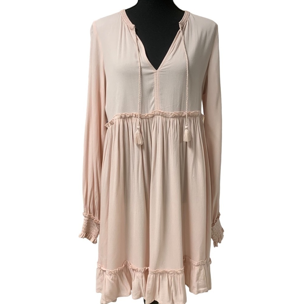 H&M DIVIDED PASTEL PINK LONG SLEEVE V NECK WITH TASSELS BOHO DRESS SIZE SMALL